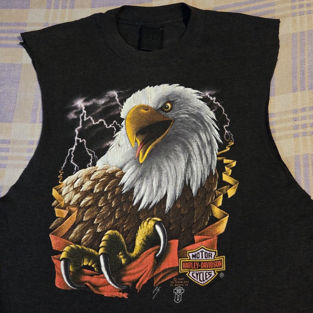 Harley Davidson 1987 Vintage 3D Emblem Graphic T Shirt Eagle Lightning Thrashed